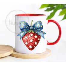 Load image into Gallery viewer, Patriotic Strawberry with Bow Coffee Mug