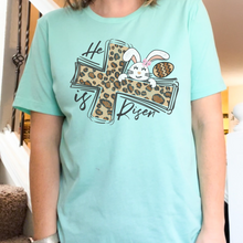 Load image into Gallery viewer, He is Risen Leopard Cross Bunny Easter T-shirt - mint non bleached
