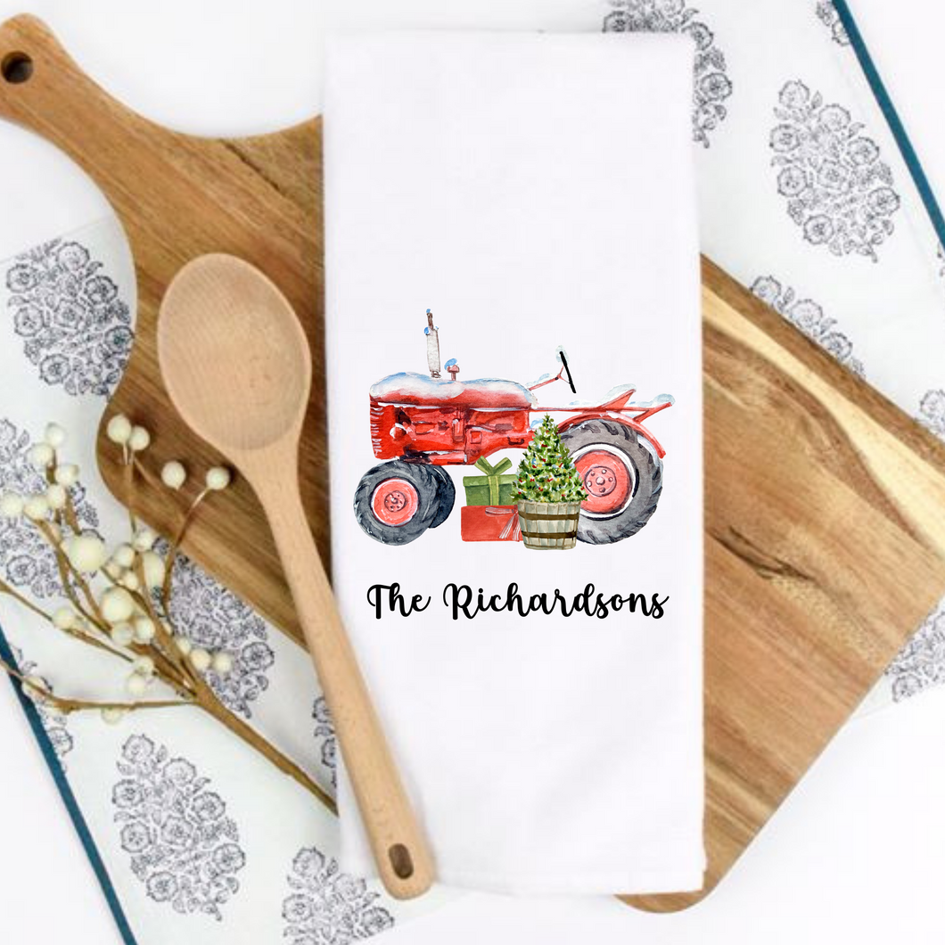 Personalized Red Tractor Kitchen Tea Towel