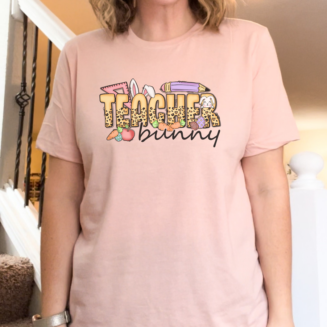 Teacher Bunny Easter T-shirt - peach non bleached