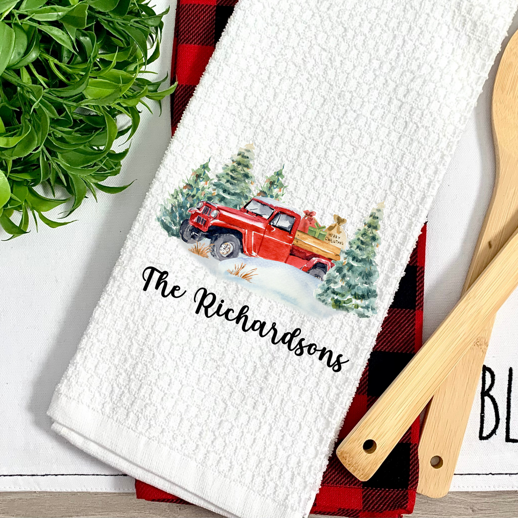 Personalized Red Truck Christmas Kitchen Tea Towel